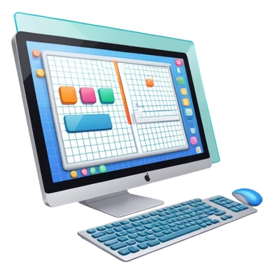 Create an emoji for UX/UI design. Show a computer screen displaying a user interface with buttons, sliders, and a design grid. Include elements like a cursor or design tool to symbolize the design process. Use modern, professional colors. Make the background transparent. sticker