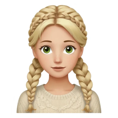 dirty blonde hazel/green eyes woman with a white cable knit sweater and one braid down her back  with tendrils of hair flowing down her face and she is happy pale, some freckles, blush. she has a cateye wing and long lashes sticker