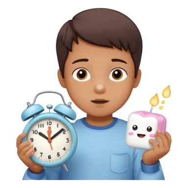 Emoji-style marshmallow test, child choosing between 1 marshmallow now and 2 later, clock above showing 15 minutes, cute lighting and pastel colors sticker