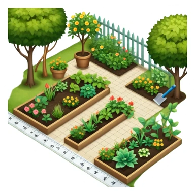 Icon for Landscape Design: a garden layout with plants, trees, paths, and design tools like a spade, pencil and measuring tape. The icon should represent creativity in outdoor space planning and gardening. Transparent background. sticker