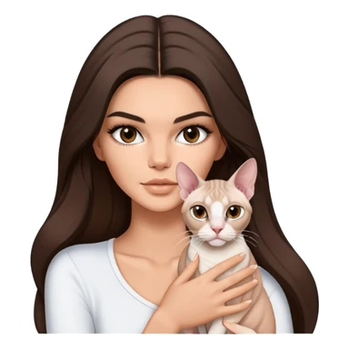 brunette Kendall Jenner with long hair holding on the hands a white Sphynx cat sticker