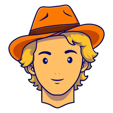 young man with wavy blonde hair, blank face, orange cowboy hat sticker