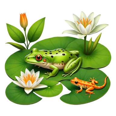 Icon for Amphibians: A colorful collage featuring a frog sitting on a lily pad, a salamander crawling on the ground and a newt swimming in water. The background features lily flowers and a calm pond setting. Transparent background. sticker