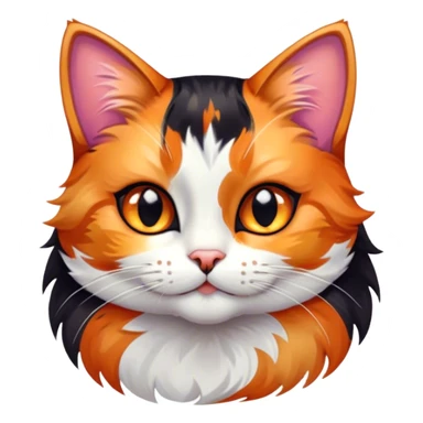 Cinematic Cute Calico Cat Portrait Emoji, Head tilted playfully with sparkling, inquisitive eyes and a charming patchwork fur of orange, black, and white, simplified yet irresistibly adorable, highly detailed, glowing with a warm, inviting glow, high shine, bubbly and affectionate, styled with a touch of whimsical feline charm, soft glowing outline, capturing the essence of a delightfully cute calico cat that looks as if it could prance off the screen into your heart! sticker