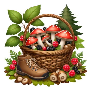 Icon for Mushroom and Berry Tourism: a basket filled with mushrooms and berries, surrounded by forest elements like trees, leaves, and a hiking boot. The icon should capture the joy of foraging in nature. Transparent background. sticker