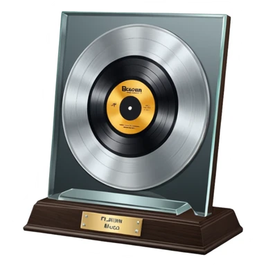 A platinum music award plaque: a square, polished platinum plate with a subtly textured, mirror-like finish, mounted on a simple dark wood base. The center features a relief of a or stylized vinyl record in a slightly darker metallic tone.  sticker
