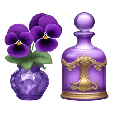 A pink aesthetic still-life: a decorative candle in a glass jar, violet pansies in a crystal vase, and an ornate purple perfume bottle sticker