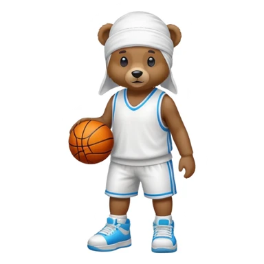 Full-body standing brown bear wearing a white durag on its head and cool colorful basketball sneakers on its feet, cute emoji style sticker