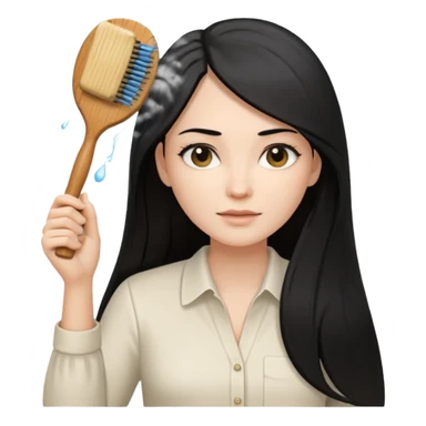 A white woman with long, straight black hair, wearing an ivory-colored shirt, holding a wooden paddle hairbrush in her left hand and spraying a hair mist bottle with her right hand toward her hair. sticker