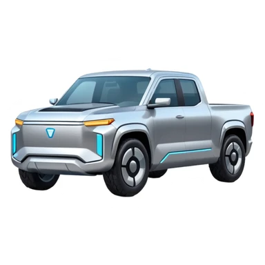 A futuristic electric pickup truck emoji, silver chrome body, angular cyber design, smooth metallic panels, subtle reflections, minimalistic proportions, iOS emoji style, centered composition, clean white background, soft lighting sticker