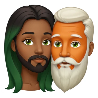 Brown eyed ebony black woman with brown eyes and long balayage brown/black hair.  She is kissing bald white man. The White man is 47yrs old, pale, he has green eyes has orange facial hair and long beard  sticker