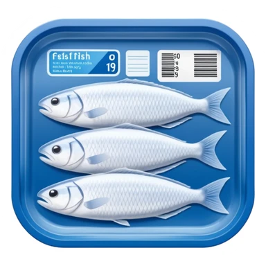 A clear vacuum-sealed plastic tray containing neatly arranged white fish fillets, covered with a thin layer of frost. The package has a blue and white label with product details and barcode. Set in a supermarket freezer shelf among other seafood packs, realistic lighting and texture. sticker