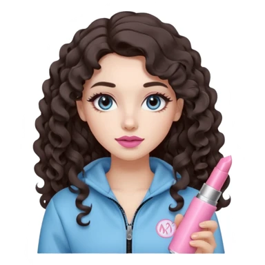 A girl with long dark brown hair styled in loose 36mm curls, round-almond Douyin-style eyes with long curled lashes, cool-tone neutral makeup. She’s wearing a light-blue athletic outfit and holding a normal-size pink lipstick (not oversized) in one hand. sticker