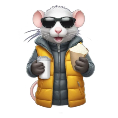 badass rat in bodywarmer wearing sunglasses holding a small half-filled plastic bag of powdered sugar sticker
