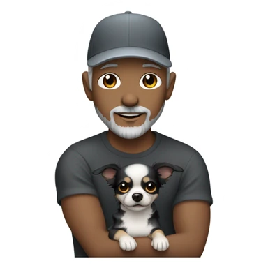 Handsome man with blue eyes wearing ball cap with grey hair and goatee beard holding all black long haired chihuahua sticker