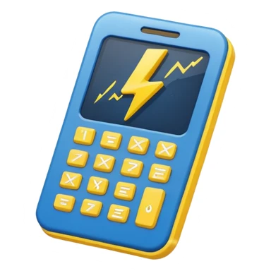 Create a simple emoji of an energy calculator: small calculator + lightning bolt icon. Flat design, bold outline, blue and yellow colors, clean, centered, emoji style. sticker
