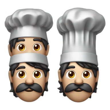 a chef with a worried expression and a long droopy nose with a mustache and black hair with a chef hat with ears and brown eyes sticker