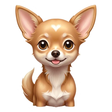 Cinematic Cute Long Haired Fawn Chihuahua Portrait Emoji, Head tilted playfully and inquisitively, silky long fawn hair with gentle highlights, round, sparkling dark eyes filled with curiosity, Simplified yet irresistibly adorable features, highly detailed, glowing with a warm, friendly glow, high shine, affectionate and lively, stylized with a touch of whimsy, bright and endearing, soft glowing outline, capturing the essence of a mischievous yet loving companion, so playful it feels like it could prance out of the screen and into your arms! sticker