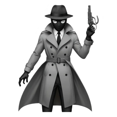 Die-cut sticker of Spider-Noir, monochrome black and grey palette, trench coat fluttering, 1940s detective aesthetic. Sharp edges, heavy shadows, white border, isolated on white background, high detail. sticker