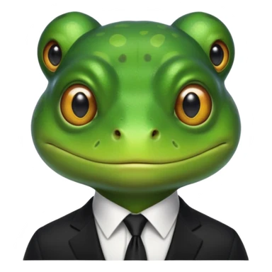 ["Green frog head, dressed in a black suit with a black tie."] sticker
