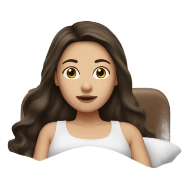 white girl with long dark brown hair in a bed with beige comforter sticker