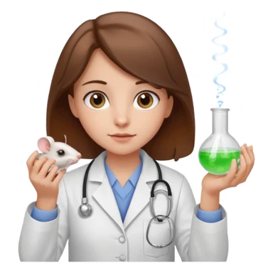 a cute brown haired girl with hazel eyes holding a white mice in hand doing experiment in lab sticker