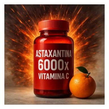 hyper realistic astaxanthin with explosive energy effect, red bottle, small orange next to it, text 'Astaxantina 6000x Vitamina C', dynamic atmosphere, light background sticker