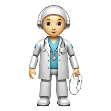 medical robot wearing a white coat and a stethoscope sticker