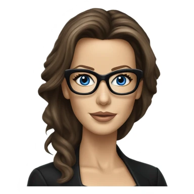 Hyper Realistic photo Kate Beckinsale blue eyes wearing glasses in a business meeting black dress sticker