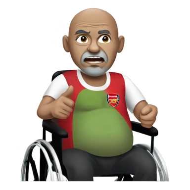 old black bald man with a protruding round pot belly in wheelchair. angry face. grey stubble. he is pointing finger in front. arsenal soccer shirt. mouth word bubble sticker
