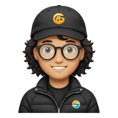Young man wearing a black puffer jacket, black baseball cap with a small logo, round black glasses, wavy hair peeking out from under the cap, smiling. use dropcourse logo for cap and colouring for the puffer jacket sticker