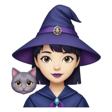 an asian short haired girl with short raven hair with bangs, with her silver left eye and dark brown right eye, with cat-eyed eyeliner, and grinning with her tiny fang of mauve toned lipstick, with dark navy wizard hat with an emblem on her hat. sticker