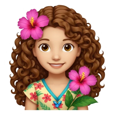 Chica morena clara de ojos marrones cabello rizado largo de lado y una flor hawaiana en el cabello  sticker