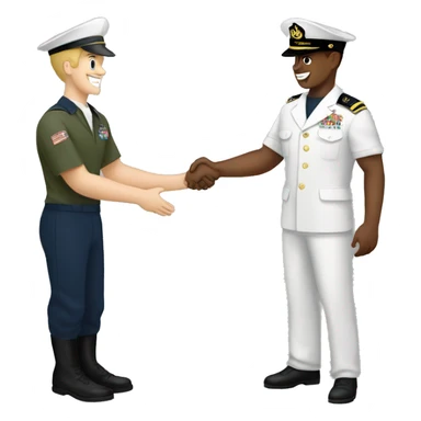 Army man and navy sailor shaking hands. They do not have shoes on. sticker