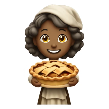 A cute pilgrim girl holding a steaming apple pie with a proud smile. sticker