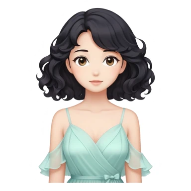 Gorgeous anime lady with elegant black wavy hair wearing a soft flowy feminine dress in pastel colors sticker