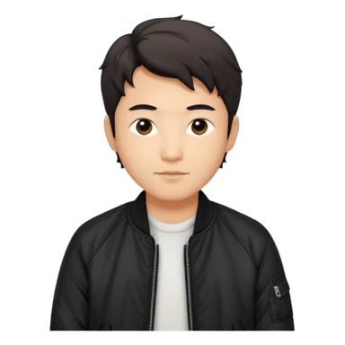 Handsome and mature Asian guy wavy short hair, dressed cool in black bomber jacket, demure but with a smirk  sticker