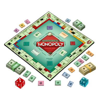 A photorealistic icon featuring a Monopoly board with property spaces, colorful game tokens, dice, and stacks of money. The design includes detailed textures of the board, cards, and tokens, capturing the essence of the Monopoly game. Transparent background, symbolizing Monopoly and board games. sticker