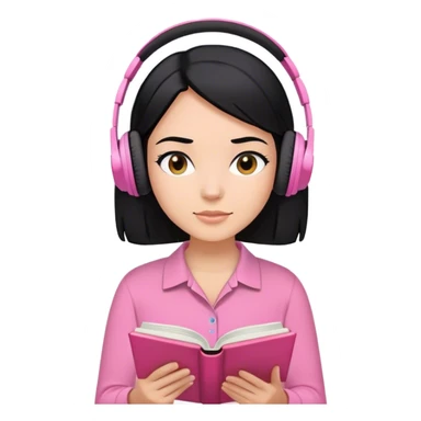 Chica de pelo negro con piel normal y camiss rosa leyendo un libro con audifonos sticker