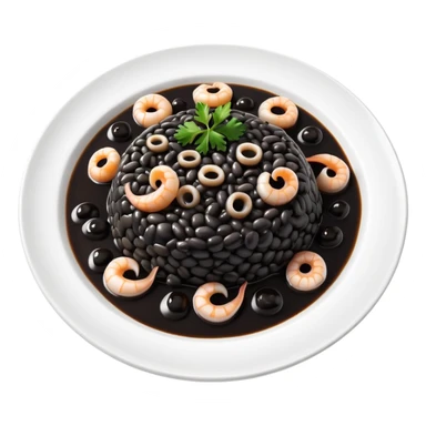 cinematic-realistic-black-risotto-dish-emoji,-showcasing-small squid pieces in black sauce -rendered-with-bold-textures-and-dynamic,-dramatic-lighting in a white plate sticker