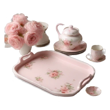 Light pink glass serving tray with handles, shabby chic style with floral print, with porcelain tea set on it sticker