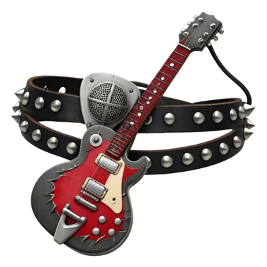 Create a powerful and dynamic humanless emoji representing rock vocals. The design should feature a classic vintage microphone with a rugged, distressed look, surrounded by elements like a guitar pick, electric guitar neck, and sound waves to reflect the raw energy of rock music. Add subtle details such as a spiked bracelet, leather textures, or bold lightning bolts to evoke the rebellious and intense spirit of rock. Use dark, edgy colors like black, red, silver, and metallic accents to emphasize the fierce, loud, and passionate nature of rock vocals. The background should be transparent. sticker