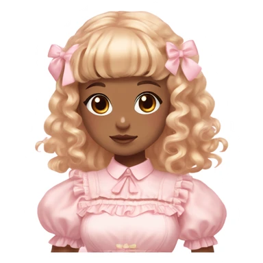 caramel skin girl , who has curly medium length blonde and baby pink swirled hair with bangs , light brown eyes , and doll like makeup , in a light pink lolita hime gyaru dress sticker