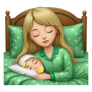 Young woman with long dark blond hair and a bang sleeping in bed  with green pyjama sticker