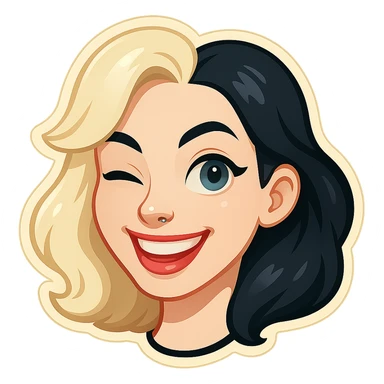 Create a Telegram-sticker style character based on the reference. The character is a girl with two-tone hair (light and black), smiling with visible upper teeth, winking, blue eyes, pale skin, and a nose piercing. No outline on the edges, only the head with hair, no background. sticker