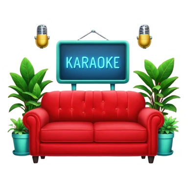 red velvet couch, mic in front, houseplants in back, and a neon sign saying "karaoke", and NO PEOPLE IN IT sticker