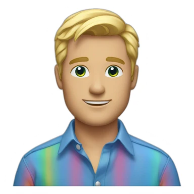 blonde blue eyes man in a blue button up shirt with a rainbow colors sticker
