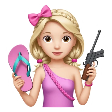 A girl who has a braid on one should and has a flipflop in one hand that has a bow while in the other hand she has a gun with a bow  sticker