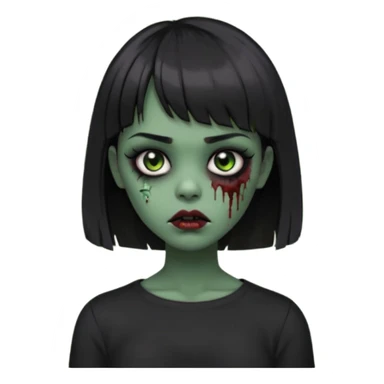 Zombie girl emoji verde escuro com cabelo curto liso preto no ombro e franja na altura da sobrancelha cobrindo completamente a testa, usando uma blusa preta, com olhos pretos  sticker