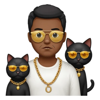 Freaky Larry is a cat with a gold chain and sunglasses standing behind a scared man with no facial hair. Make sure the cat is black sticker